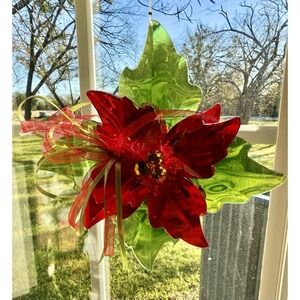Vintage Acrylic Poinsettia Suncatcher Red Green Christmas Window Hanging 7"